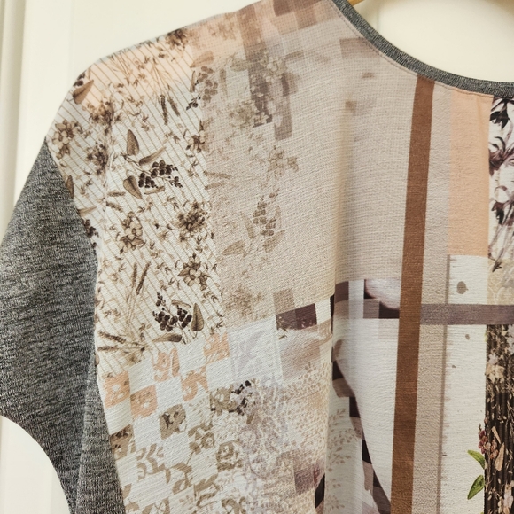 Zara Patchwork Print Top Semi Sheer Lightweight Short Sleeves Neutral Gray Small - Picture 5 of 13